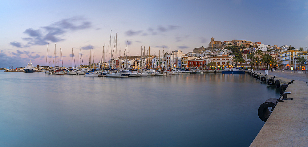 View of Cathedral and Dalt Vila overlooking harbour at dusk, Ibiza Town, Eivissa, Balearic Islands, Spain, Mediterranean, Europe