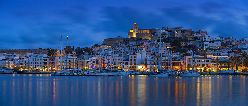 View of Cathedral and Dalt Vila overlooking harbour at dusk, Ibiza Town, Eivissa, Balearic Islands, Spain, Mediterranean, Europe