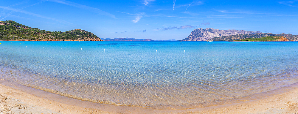 View of Capo Coda Cavallo beach and Isola di Tavolara in the background, Sardinia, Italy, Mediterranean, Europe