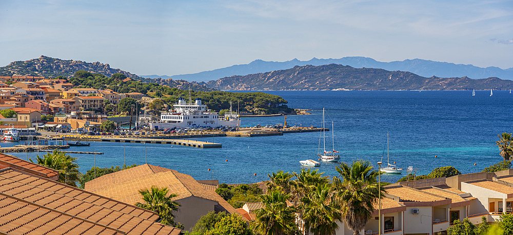 Elevated view of harbour and Palau town, Palau, Sardinia, Italy, Mediterranean, Europe