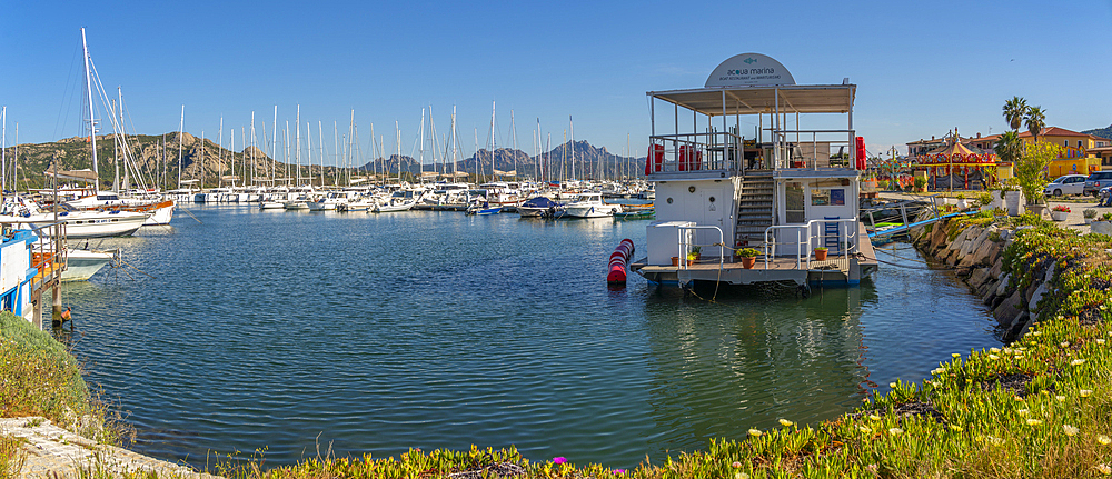 View of harbour and boats at Cannigione, Cannigione, Sardinia, Italy, Mediterranean, Europe