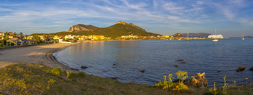 View of beach at sunset in Golfo Aranci, Sardinia, Italy, Mediterranean, Europe