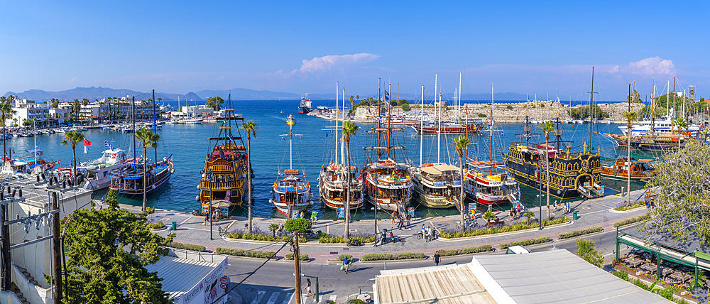 Elevated view of ships in Kos Harbour, Kos Town, Kos, Dodecanese, Greek Islands, Greece, Europe