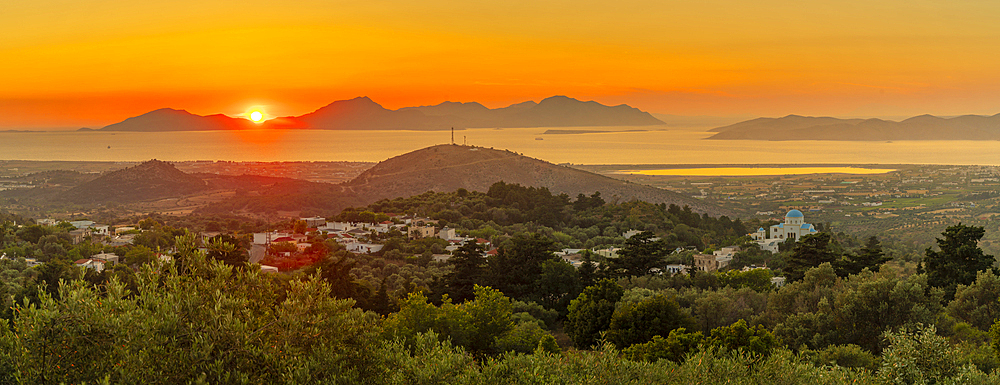 View of Kos Island and Greek Orthodox church from Zia Sunset View at sunset, Zia Village, Kos Town, Kos, Dodecanese, Greek Islands, Greece, Europe