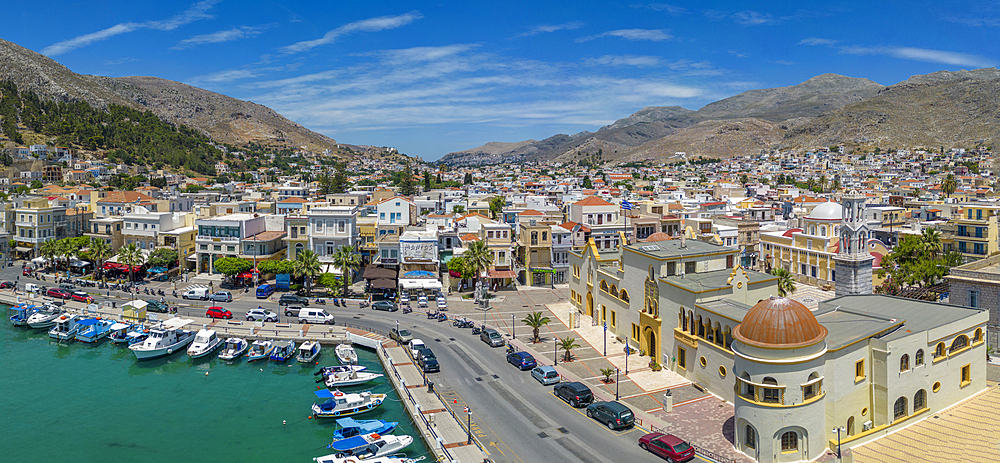 Aerial view of Kalimnos town, Kalimnos, Dodecanese Islands, Greek Islands, Greece, Europe