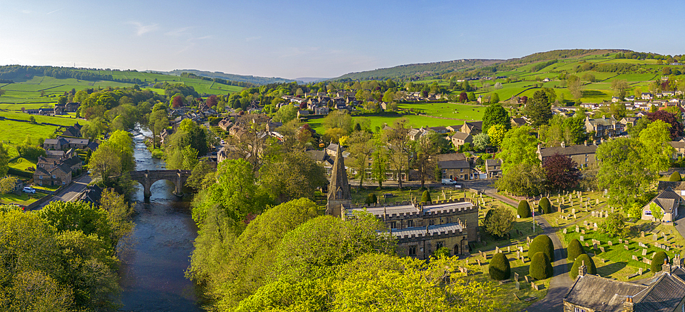 Aerial view of river Derwent and Baslow village, Peak District National Park, Derbyshire, England, United Kingdom, Europe