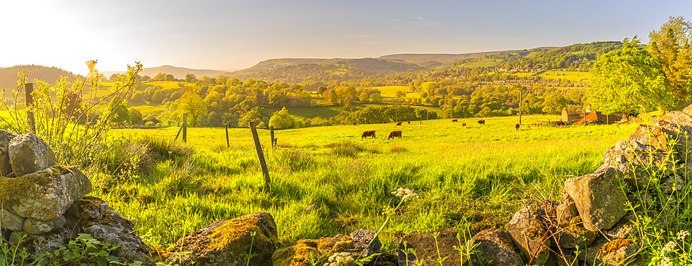 View of landscape toward Hope village during spring, Peak District National Park, Derbyshire, England, United Kingdom, Europe