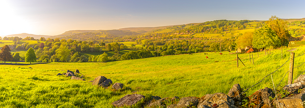 View of landscape toward Hathersage village during spring, Peak District National Park, Derbyshire, England, United Kingdom, Europe