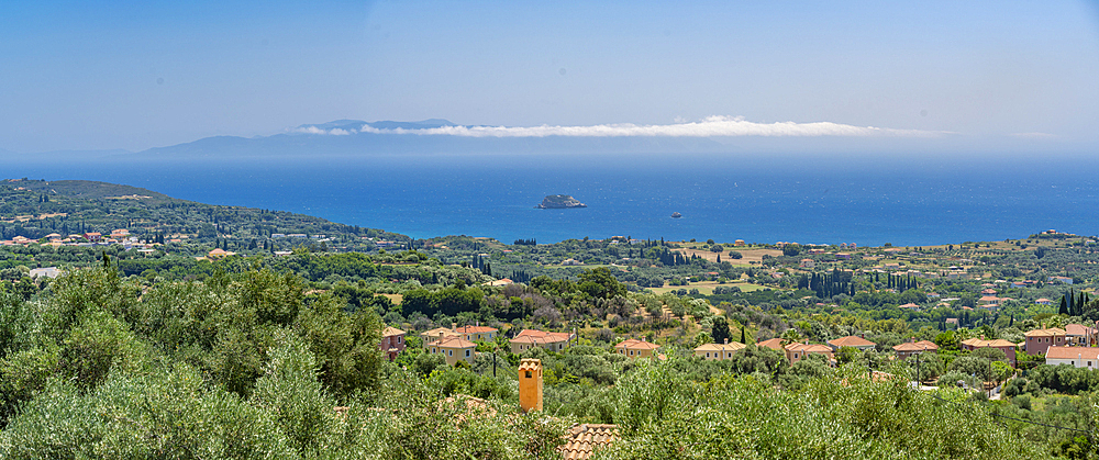 View of coastline and sea from near Lakithra, Kefalonia, Ionian Islands, Greek Islands, Greece, Europe