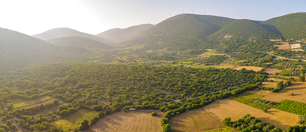 Aerial view of landscape and hills near Chaliotata, Kefalonia, Ionian Islands, Greek Islands, Greece, Europe