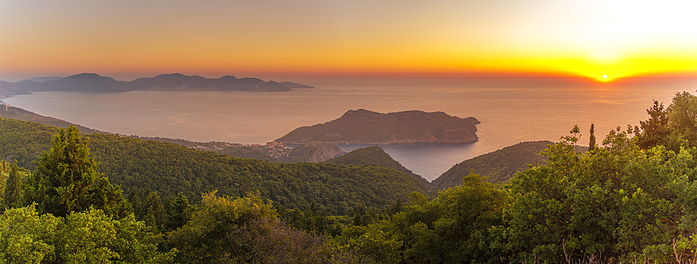 View of Assos, coastline, sea and hills at sunset, Kefalonia, Ionian Islands, Greek Islands, Greece, Europe