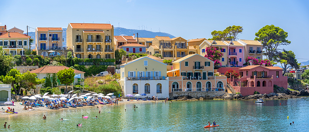 View of harbour and colourful houses in Assos, Assos, Kefalonia, Ionian Islands, Greek Islands, Greece, Europe