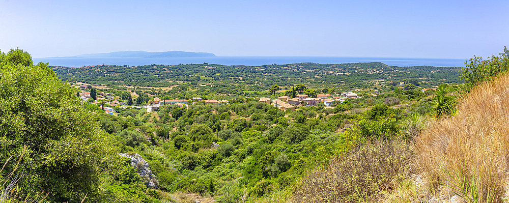 View of olive groves and coastline near Lourdata, Kefalonia, Ionian Islands, Greek Islands, Greece, Europe