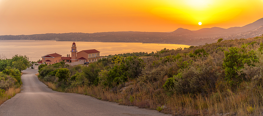 View of Holy Monastery of the Most Holy Theotokos of Sissia near Lourdata at sunset, Kefalonia, Ionian Islands, Greek Islands, Greece, Europe