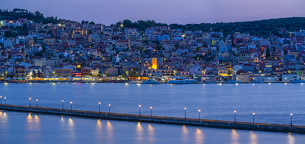 View of Argostoli, capital of Cephalonia and De Bosset Bridge at dusk, Argostolion, Kefalonia, Ionian Islands, Greek Islands, Greece, Europe