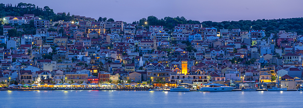 View of Argostoli, capital of Cephalonia and De Bosset Bridge at dusk, Argostolion, Kefalonia, Ionian Islands, Greek Islands, Greece, Europe