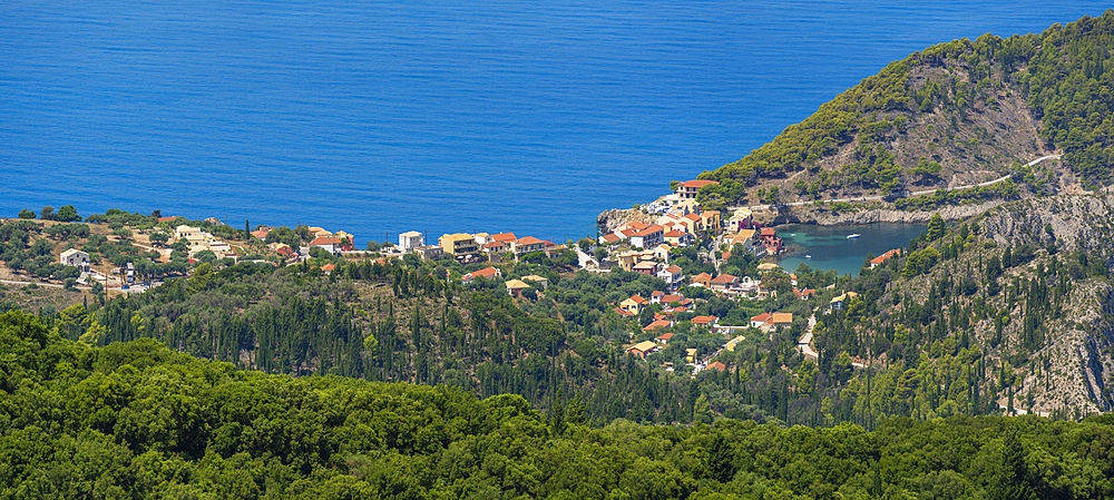 View of Assos, coastline, sea and hills Assos, Kefalonia, Ionian Islands, Greek Islands, Greece, Europe