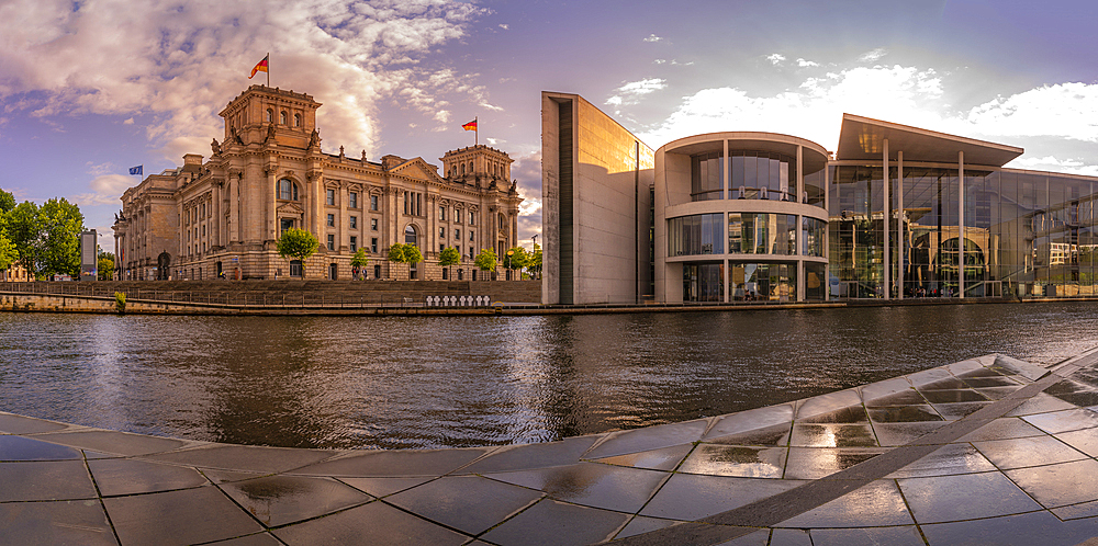 View of the River Spree and the Reichstag (German Parliament) and Paul Loebe Building at sunset, Mitte, Berlin, Germany, Europe