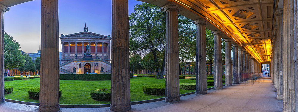 View of Kolonnadenhof at dusk, UNESCO World Heritage Site, Museum Island, Mitte, Berlin, Germany, Europe