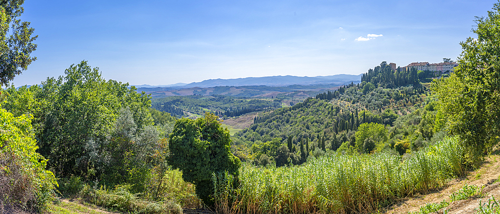 View of hills and landscape and town near San Vivaldo, Tuscany, Italy, Europe