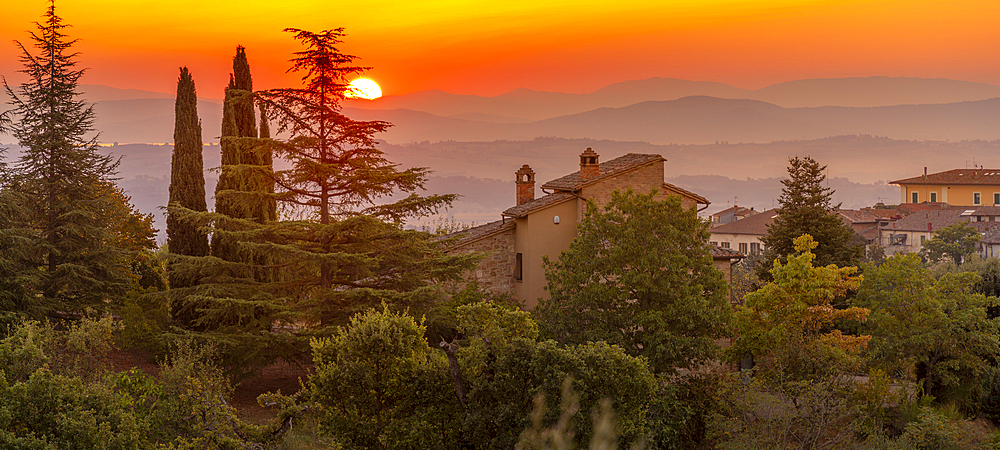 View of sunrise over Chianciano Terme, Province of Siena, Tuscany, Italy, Europe