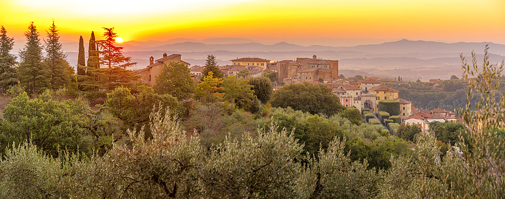 View of sunrise over Chianciano Terme, Province of Siena, Tuscany, Italy, Europe