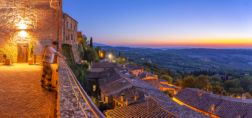 View of Tuscan landscape from Montepulciano at dusk, Montepulciano, Province of Siena, Tuscany, Italy, Europe