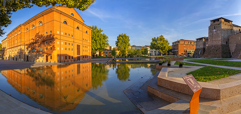 View of Amintore Galli Theatre and Rocca Malatestiana from Piazza Malatesta, Rimini, Emilia-Romagna, Italy, Europe