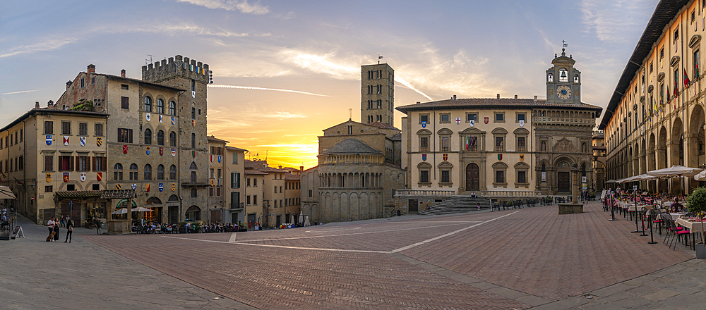 View of architecture in Piazza Grande at sunset, Arezzo, Province of Arezzo, Tuscany, Italy, Europe