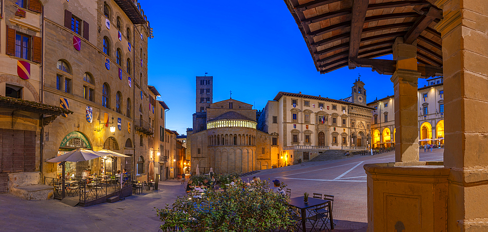 View of architecture in Piazza Grande at dusk, Arezzo, Province of Arezzo, Tuscany, Italy, Europe