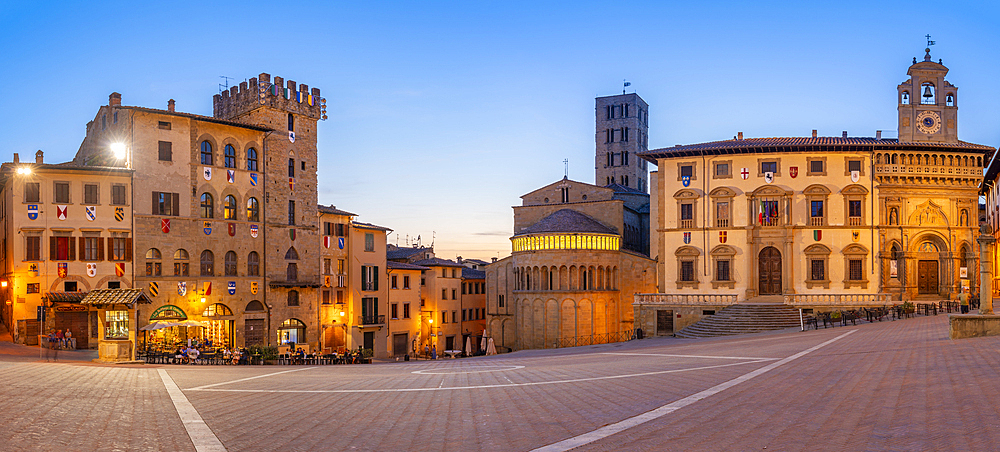 View of architecture in Piazza Grande at dusk, Arezzo, Province of Arezzo, Tuscany, Italy, Europe