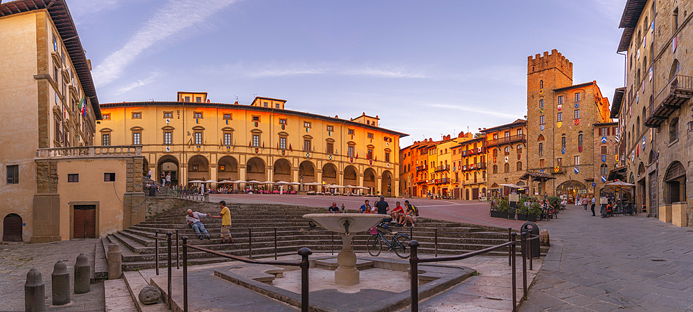 View of architecture in Piazza Grande at sunset, Arezzo, Province of Arezzo, Tuscany, Italy, Europe