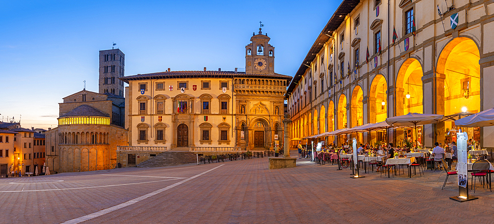 View of architecture in Piazza Grande at dusk, Arezzo, Province of Arezzo, Tuscany, Italy, Europe