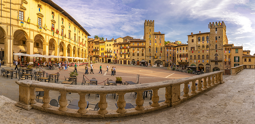 View of restaurants in Piazza Grande, Arezzo, Province of Arezzo, Tuscany, Italy, Europe