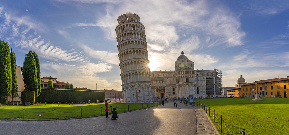 View of Pisa Cathedral and Leaning Tower of Pisa at sunset, UNESCO World Heritage Site, Pisa, Province of Pisa, Tuscany, Italy, Europe