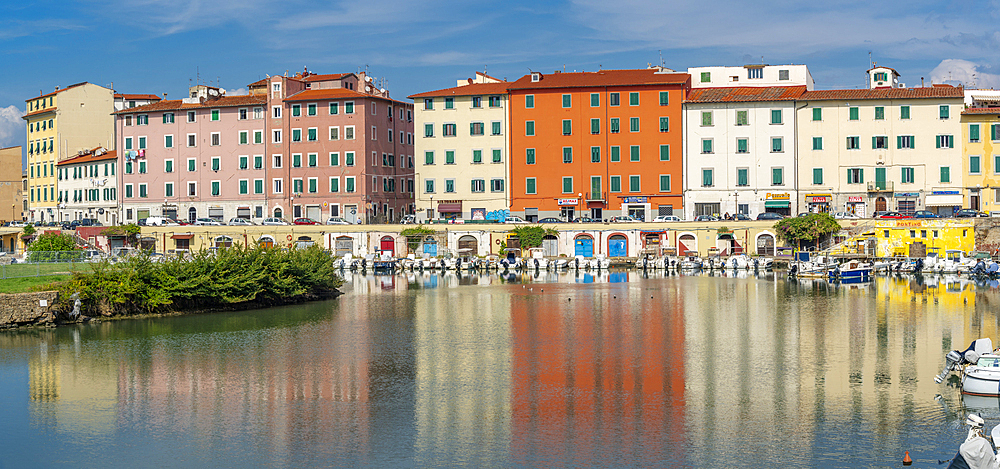 View of colourful buildings and canal, Livorno, Province of Livorno, Tuscany, Italy, Europe