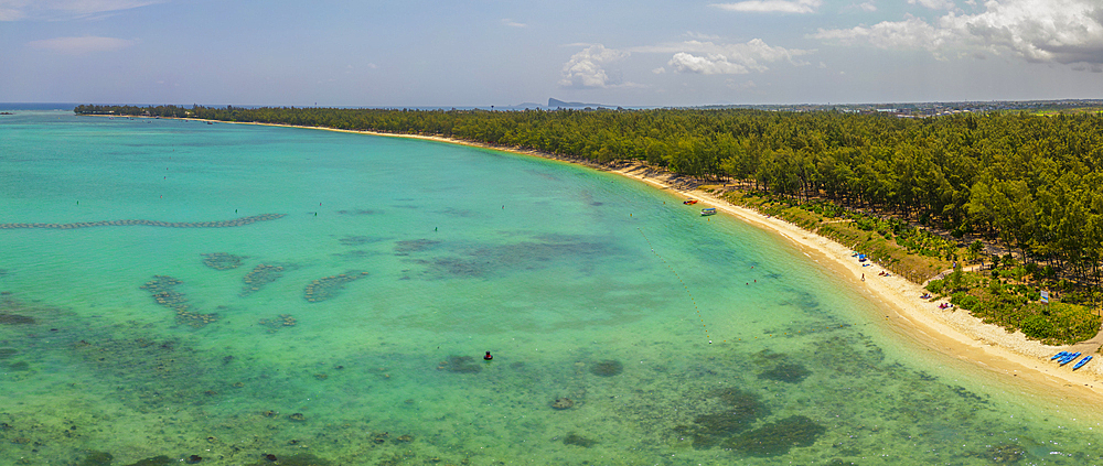 Aerial view of beach and turquoise water at Le Clos Choisy, Mauritius, Indian Ocean, Africa