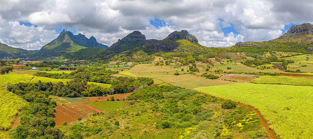 Aerial view of Long Mountain and fields at Long Mountain, Mauritius, Indian Ocean, Africa