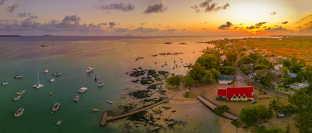 Aerial view of Notre-Dame Auxiliatrice de Cap Malheureux at sunrise, Cap Malheureux, Mauritius, Indian Ocean, Africa