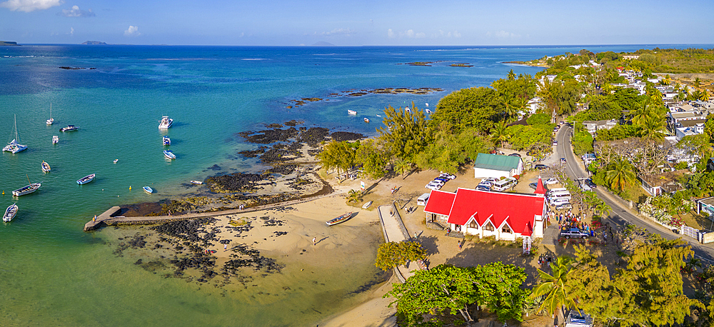 Aerial view of Notre-Dame Auxiliatrice de Cap Malheureux, Cap Malheureux, Mauritius, Indian Ocean, Africa