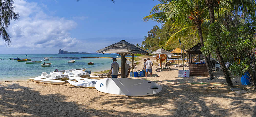 View of beach and turquoise Indian Ocean on sunny day in Cap Malheureux, Mauritius, Indian Ocean, Africa