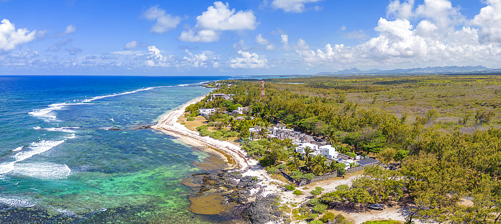 Aerial view of coastline near Poste La Fayette Public Beach, Mauritius, Indian Ocean, Africa