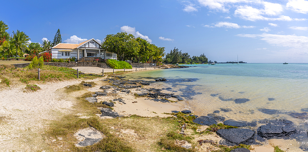 View of beach and turquoise Indian Ocean on sunny day in Cap Malheureux, Mauritius, Indian Ocean, Africa