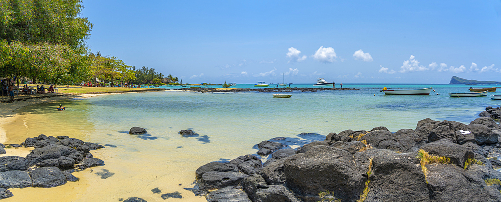 View of beach and turquoise Indian Ocean on sunny day in Cap Malheureux, Mauritius, Indian Ocean, Africa