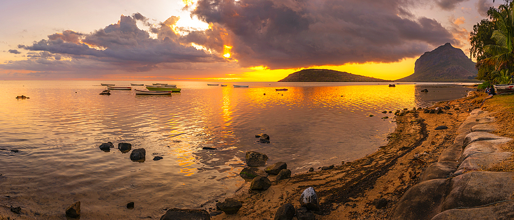 View of Le Morne from Le Morne Brabant at sunset, Savanne District, Mauritius, Indian Ocean, Africa