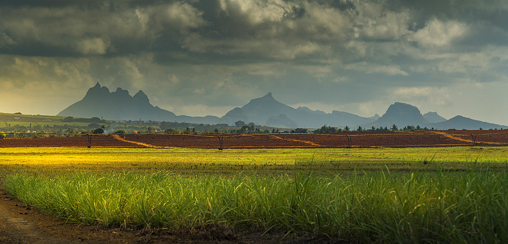 View of landscape and Long Mountain in the interior from near Petit Raffray, Mauritius, Indian Ocean, Africa