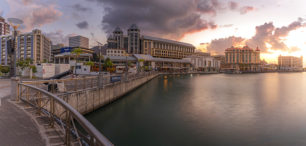 View of Caudan Waterfront in Port Louis at dusk, Port Louis, Mauritius, Indian Ocean, Africa