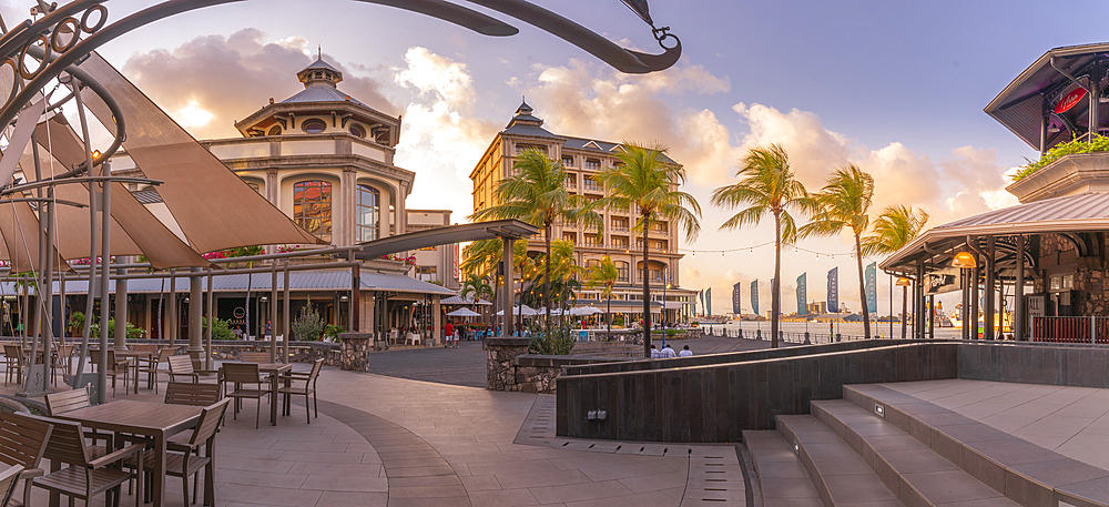 View of Place du Caudan in Caudan Waterfront in Port Louis at sunset, Port Louis, Mauritius, Indian Ocean, Africa