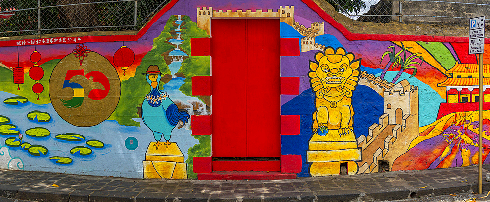 View of wall art at Chinese Embassy, Chinatown, Port Louis, Mauritius, Indian Ocean, Africa