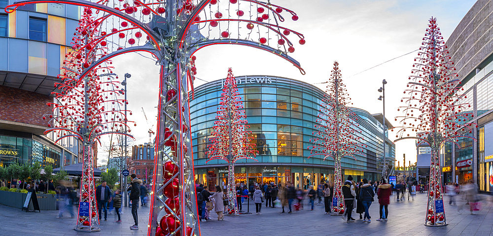 View of shops and Christmas lights, Liverpool City Centre, Liverpool, Merseyside, England, United Kingdom, Europe